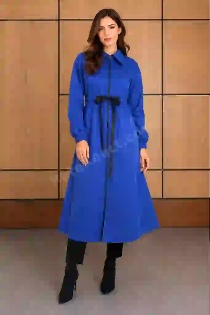 Oversize Modern Dik Yakalı Trenç - Saks