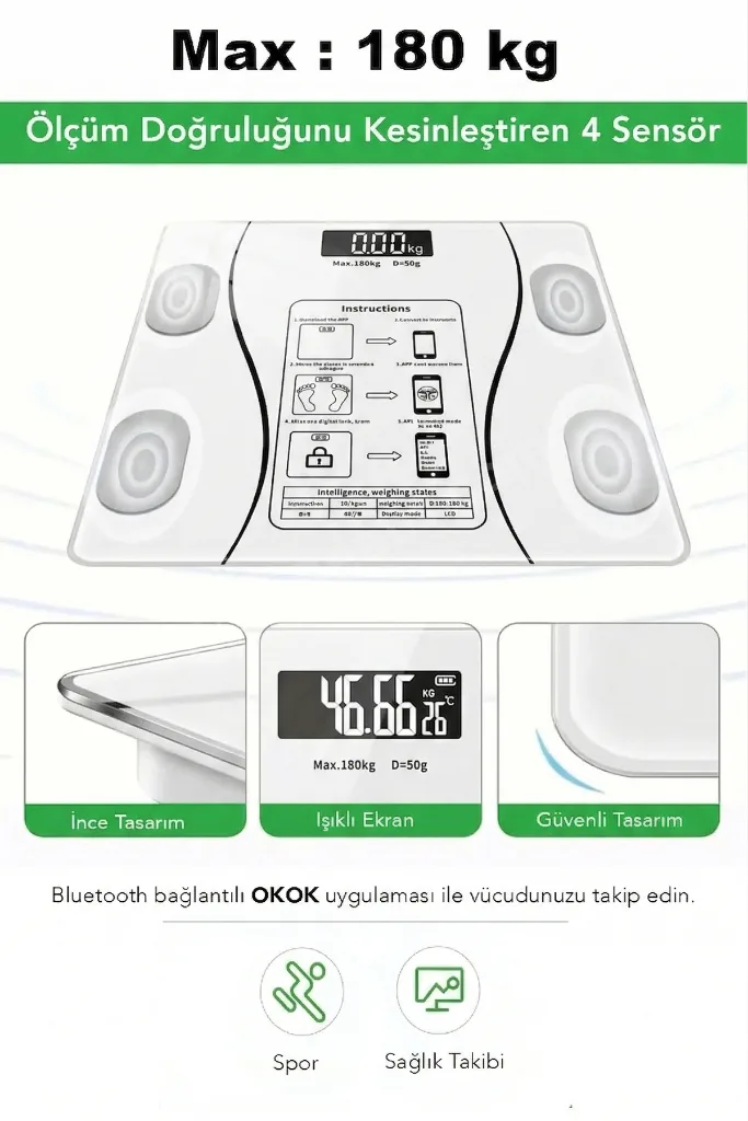 Dijital Bluetooth Baskül - Yağ Su Kas Vücut Kitle Endeksi Kilo Ölçer Tartı Vücut Analiz Cihazı Beyaz