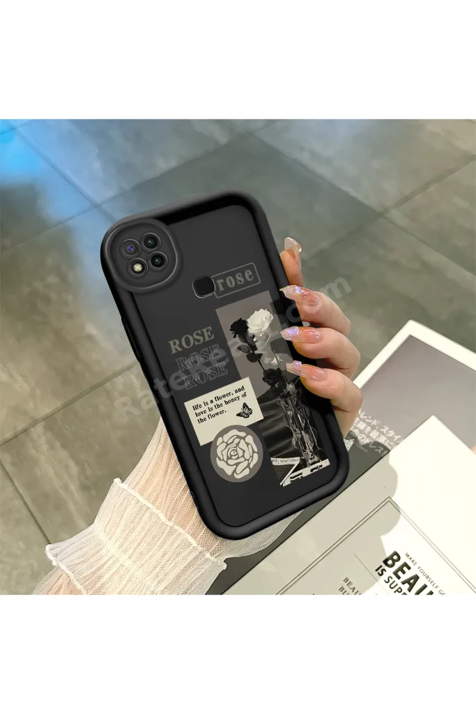 Redmi 9C Uyumlu, şık gül desenli, yüksek kaliteli silikon telefon kılıfı.