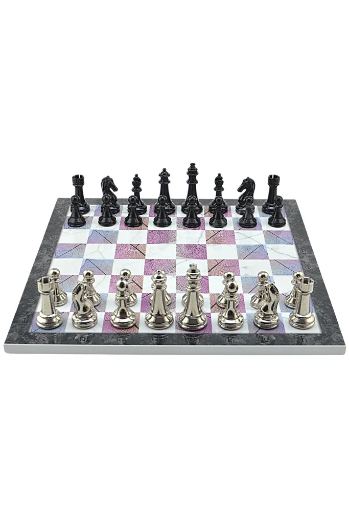 Premium Siyah Metal Klasik Satranç Takımı ve Bahar Desenli MDF Satranç Tahtası