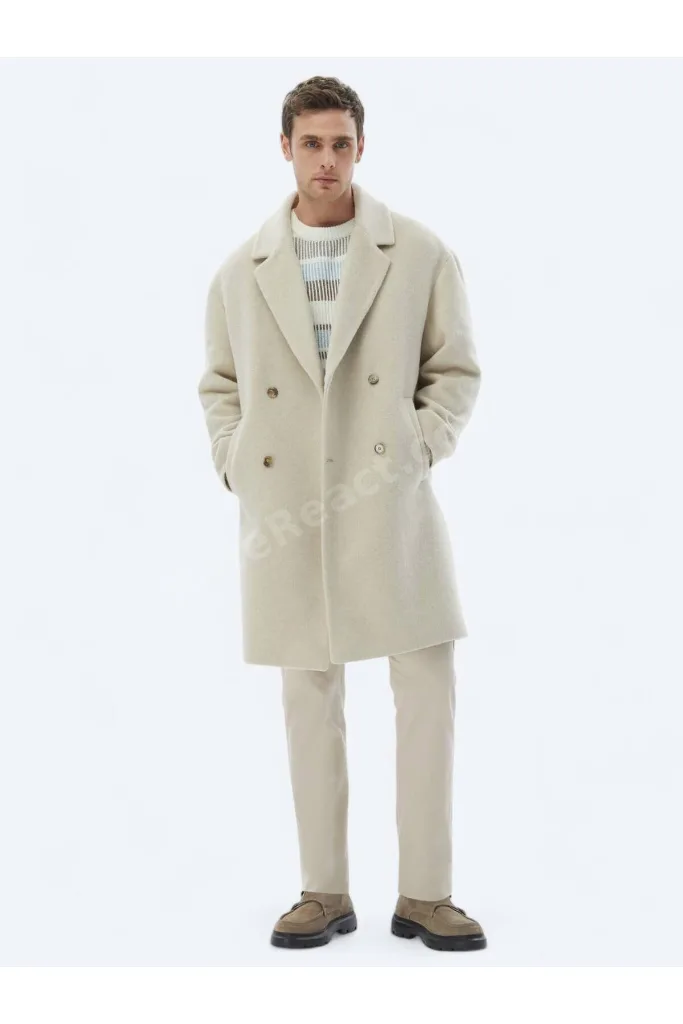 Açık Bej Oversize Fit Kruvaze Yaka Klasik Dokuma Palto