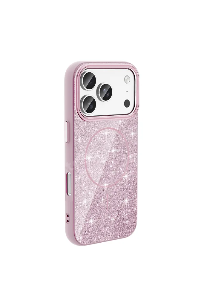 iPhone 17 Pro Max uyumlu Kılıf Magsafe Şarj Özellikli Parlayan Simli Okso Kapak T39588 - Pembe