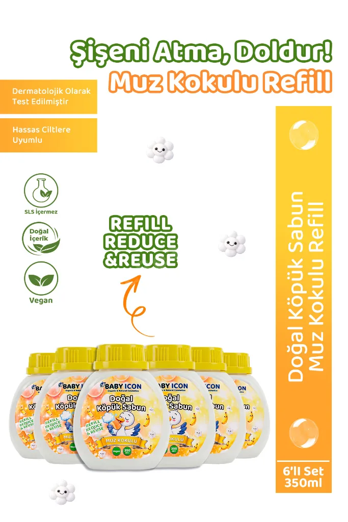 6lı Yedek Dolum - Doğal Çocuk Köpük Sabun 350 ml Muz Kokulu