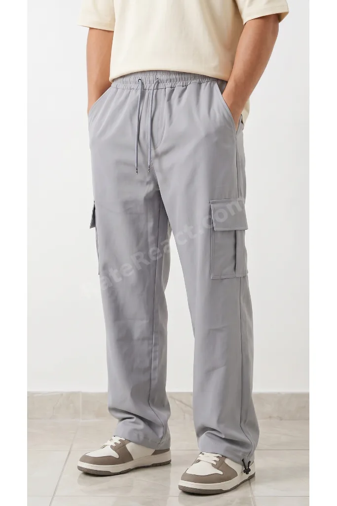 Erkek Gri Paraşüt Kumaş Komando Cepli Klipsli (Ayarlanabilir paça) Baggy Eşofman Alt