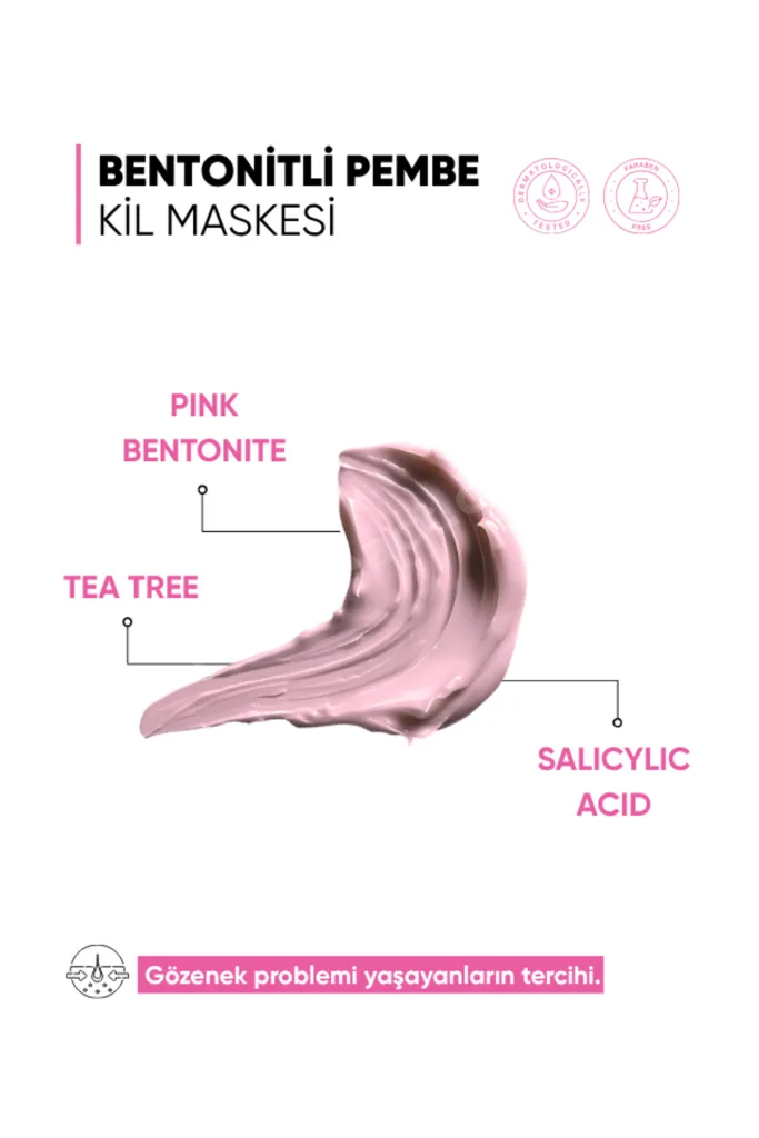 Siyah Nokta Karşıtı, Gözenek Sıkılaştırıcı Bentonitli Pembe Kil Maskesi 15 ML