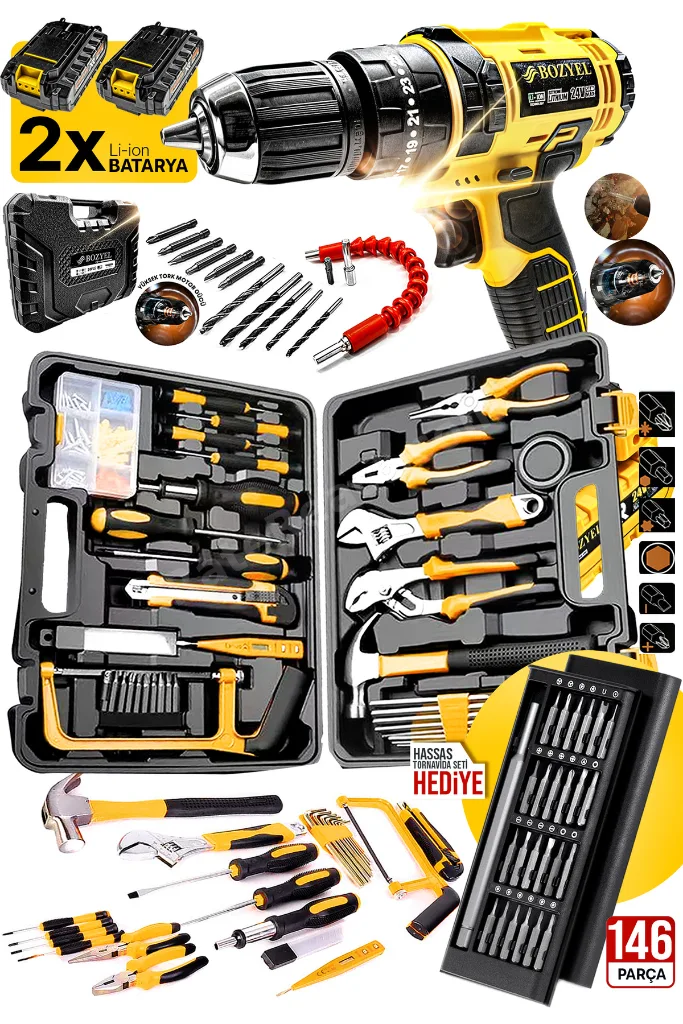 Premium 146 Parça Takım Seti 2 Akülü Matkap, Tornavida, Pense, Lokma, Çekiç, Hassas Tornavida Set