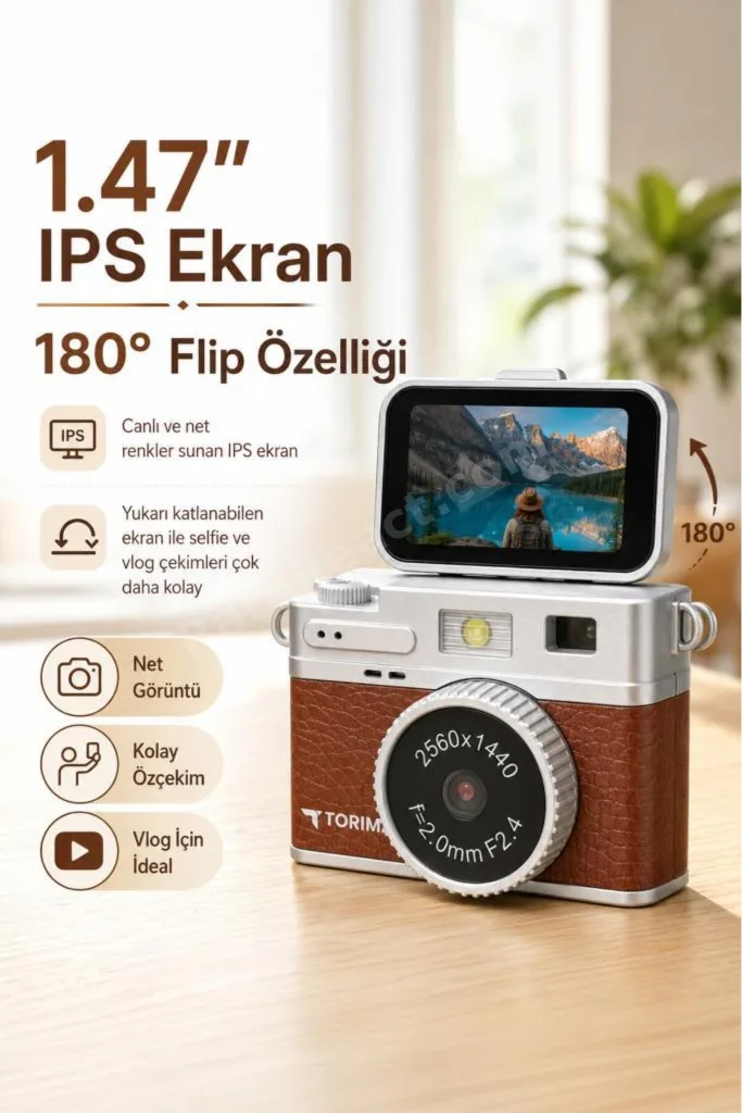 Mini Dijital Kamera 2K Flip Ekranlı Selfie Video Vlog Kamerası CMR49 Kahverengi