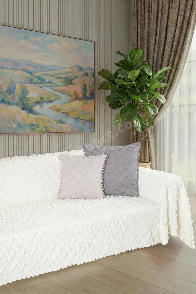 Ponela Koltuk Örtüsü Kaymaz Bohem Punch Kabartmalı 3 Boyutlu 175x300 cm ( Large ) Kaymaz, Ekru