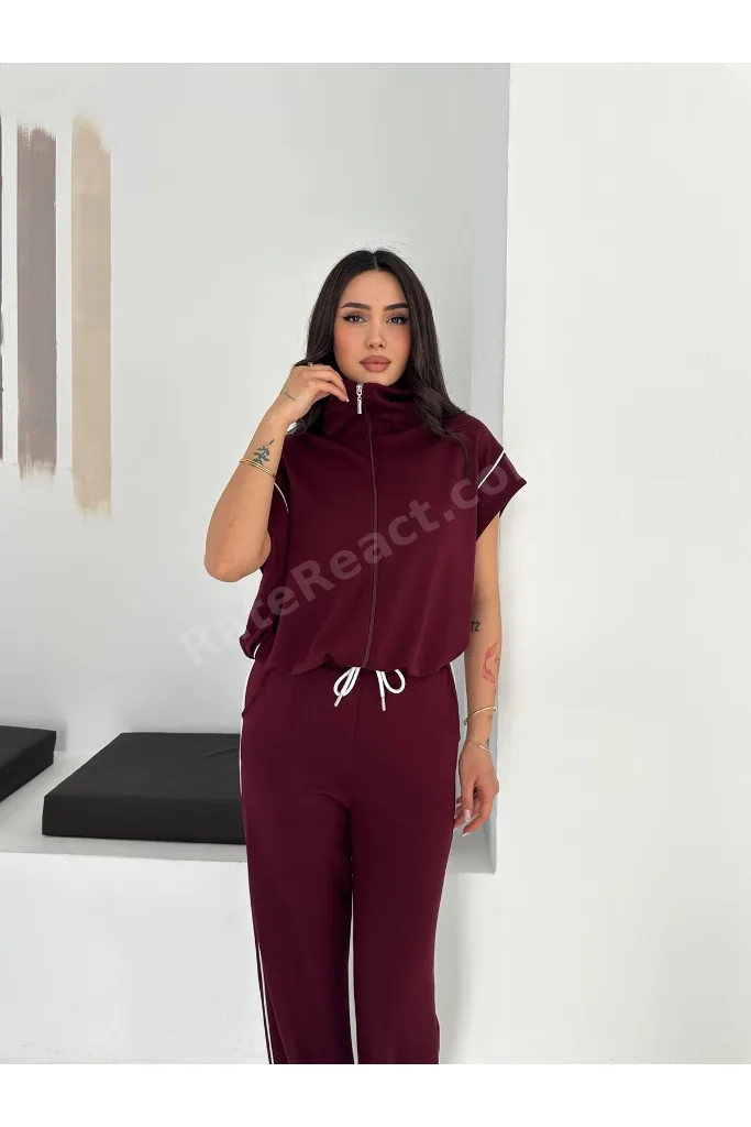 Kadın Modal Kumaş Garnili Sıfır Kol Dik Yaka Oversize Eşofman Takımı