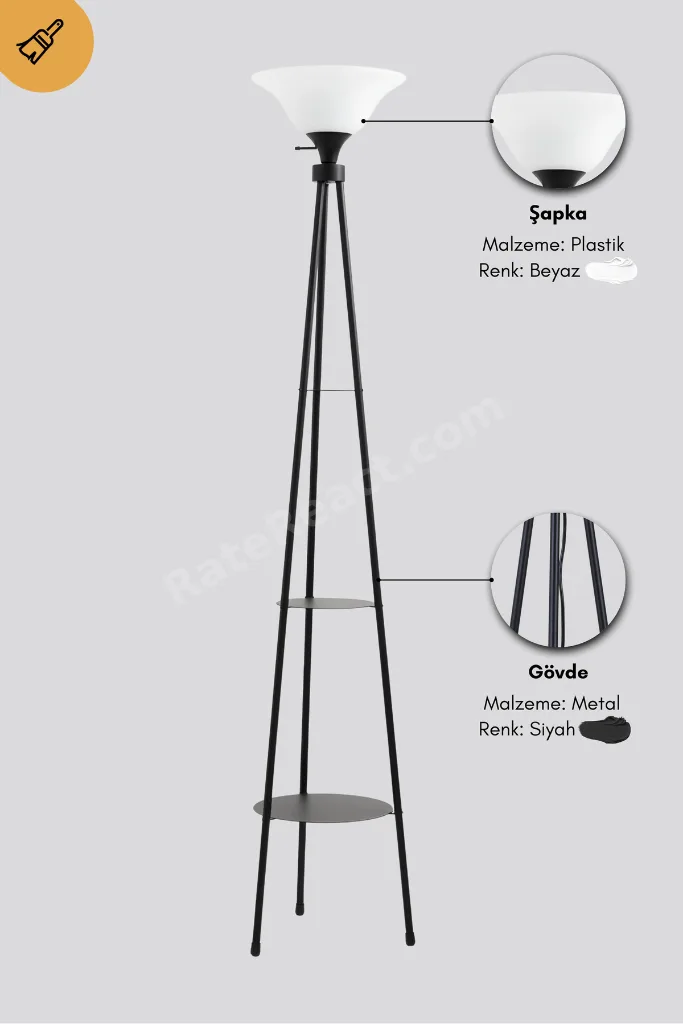 3 Ayaklı Raflı Metal Siyah Dekoratif Fedora Lambader