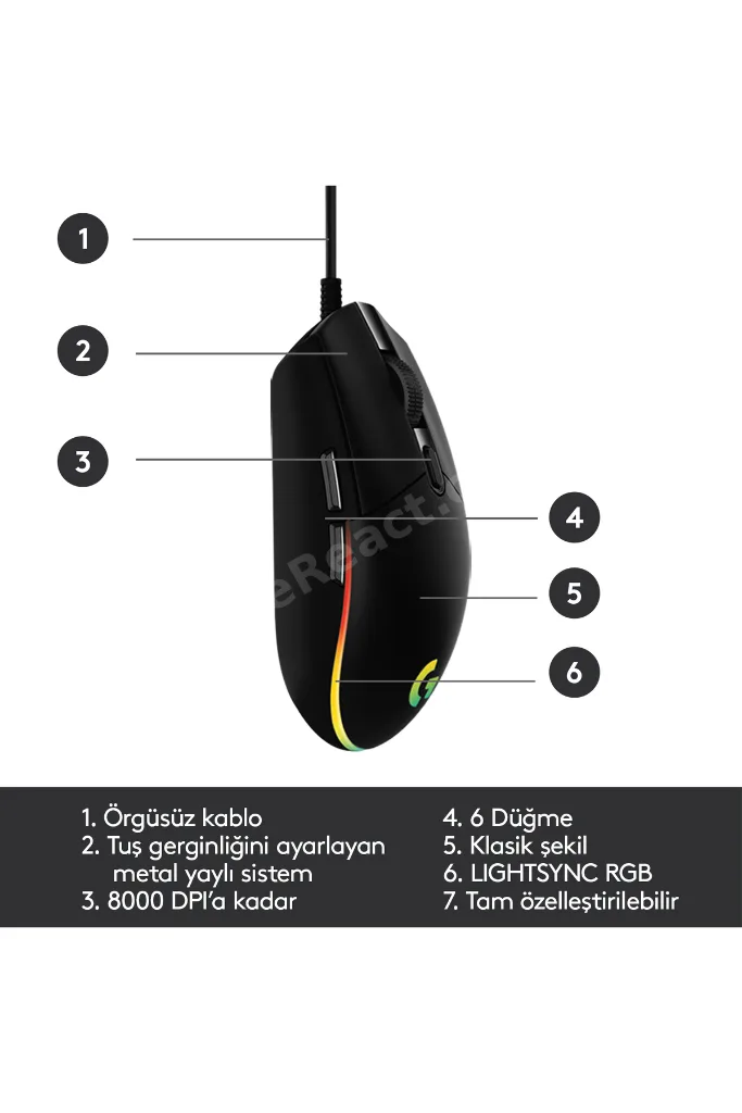 G G102 LIGHTSYNC RGB Aydınlatmalı 8000 DPI Kablolu Oyuncu Mouse, Siyah 910-005823