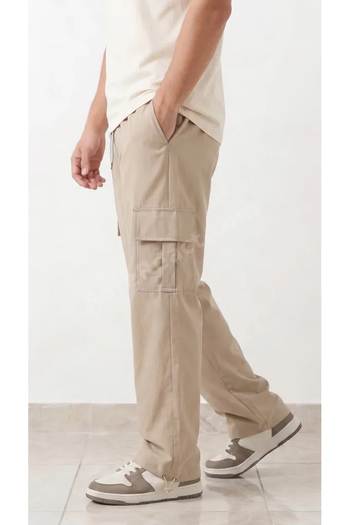 Erkek Bej Paraşüt Kumaş Komando Cepli Klipsli (Ayarlanabilir paça) Baggy Eşofman Alt