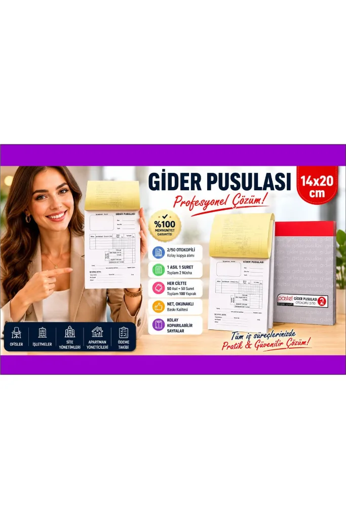 Gider Pusulası 14x20 cm 2/50 ( 50 asıl 50 suret 100 yaprak ) Otokopili 2 Nüsha (1 Asıl, 1 Suret) - 12 Adet