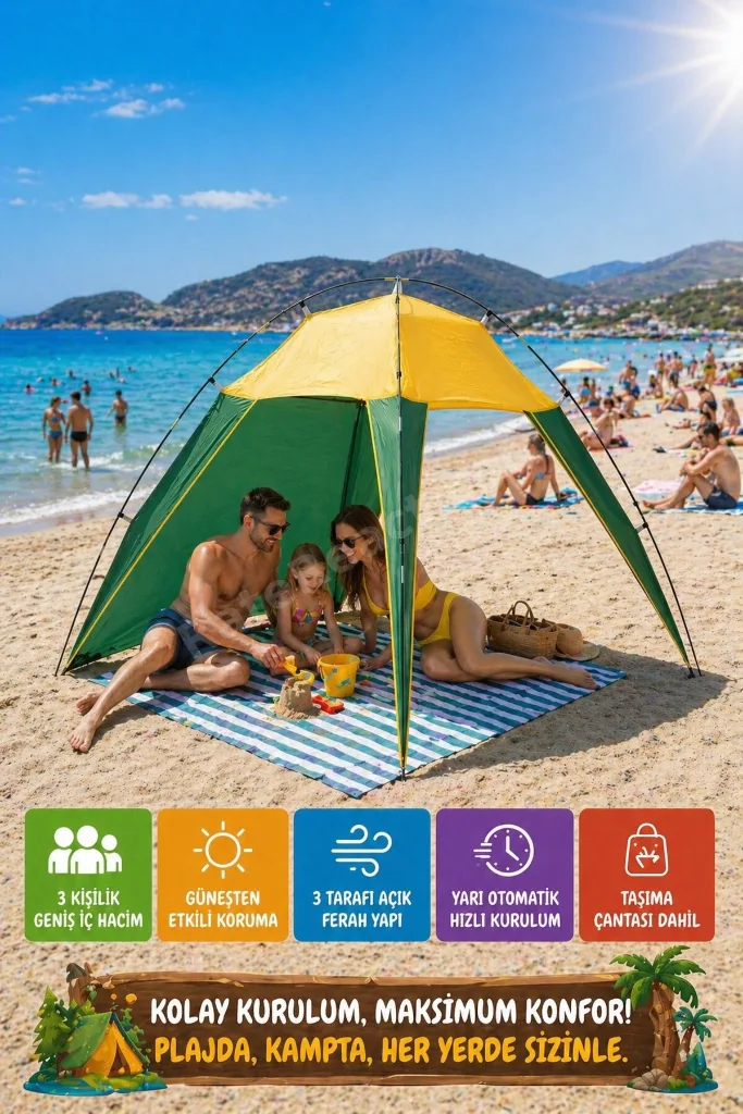 Plaj Çadırı Tentesi 200x170x150 cm Yarı Otomatik Gölgelik Kamp Piknik Taşınabilir Tente - 3 Kişilik
