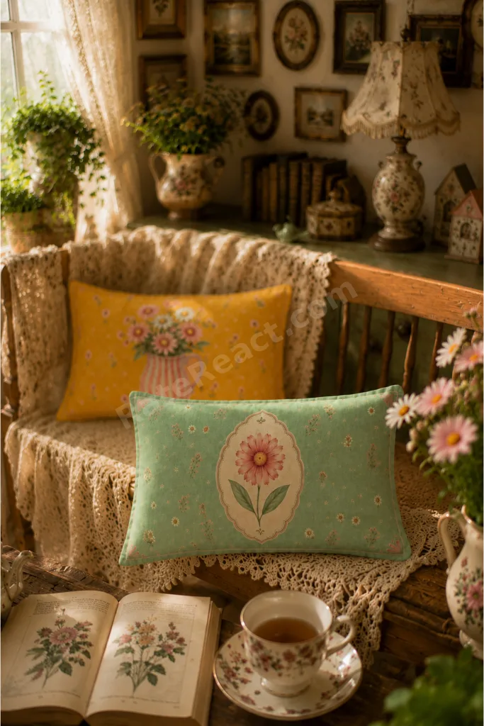 Vintage Retro Çiçek Desenli 2'li Dekoratif Kırlent Kılıfı Seti 30x50 cm Fermuarlı Dijital Baskı