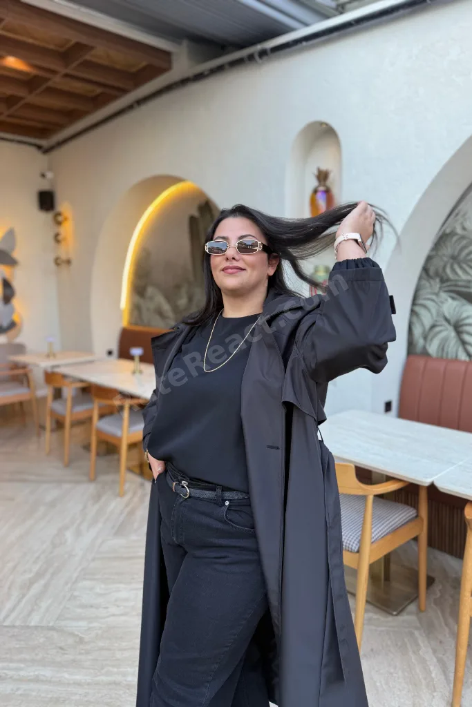 Kadın Oversize Kemerli Astarlı Trençkot-Büyük Beden Trençkot- Siyah- Geniş Beden aralığı