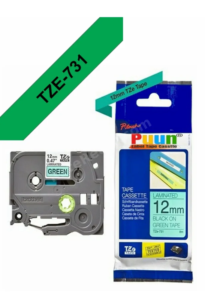 Brother TZe-731 12mm*8mt Yeşil üzerine Siyah Laminasyonlu Muadil Etiket (TZe Tape)