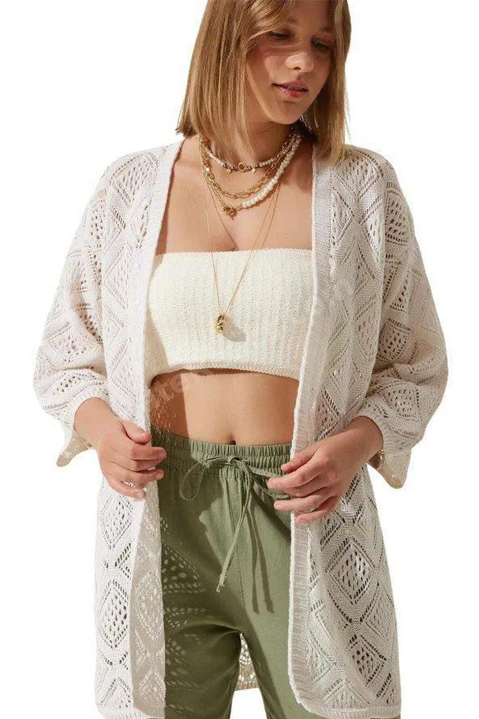 Kadın Ekru Ajurlu Triko Hırka – Salaş Yazlık Kimono Hırka