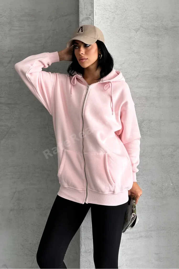 Oversize Kalıp 3 Iplik Şardonlu Metal Fermuarlı Kapşonlu Sweatshirt