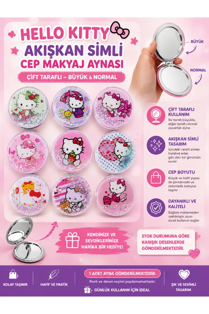 Hello Kitty Tasarımlı Akışkan Simli Çift Taraflı Yuvarlak Cep Makyaj Aynası
