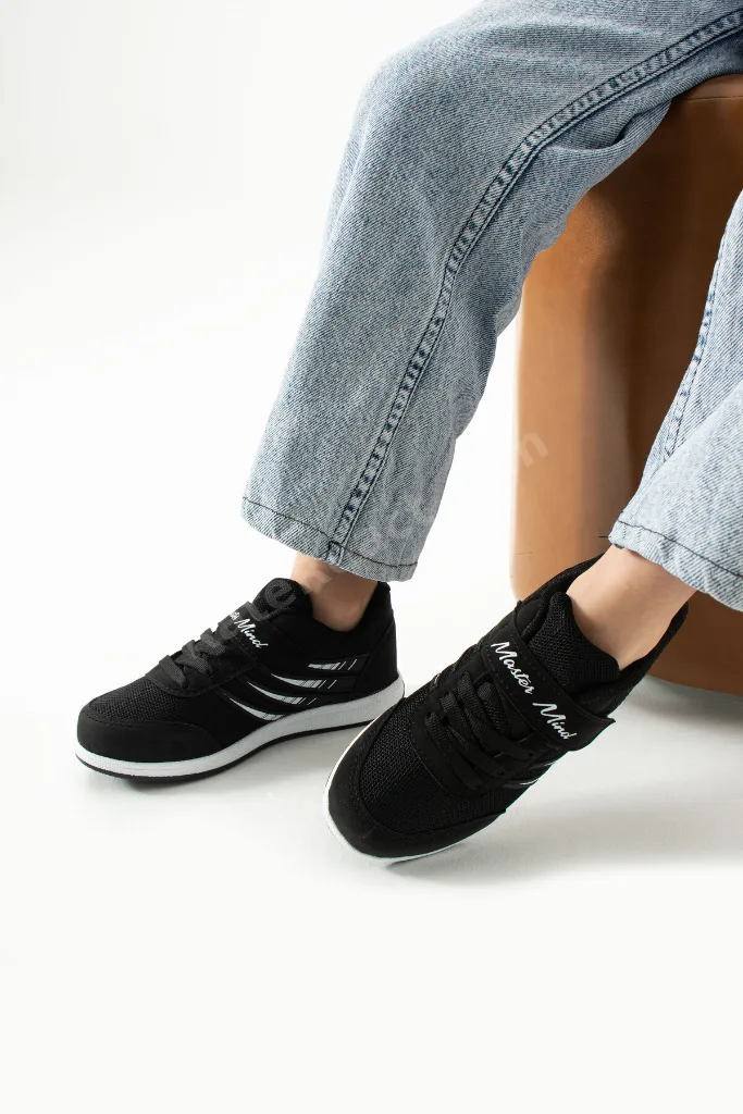 Çocuk Siyah Beyaz Bağcıklı Tek Cırtlı Esnek Hafif Nefes Alabilen Unisex Fileli Sneaker Spor Ayakkabı