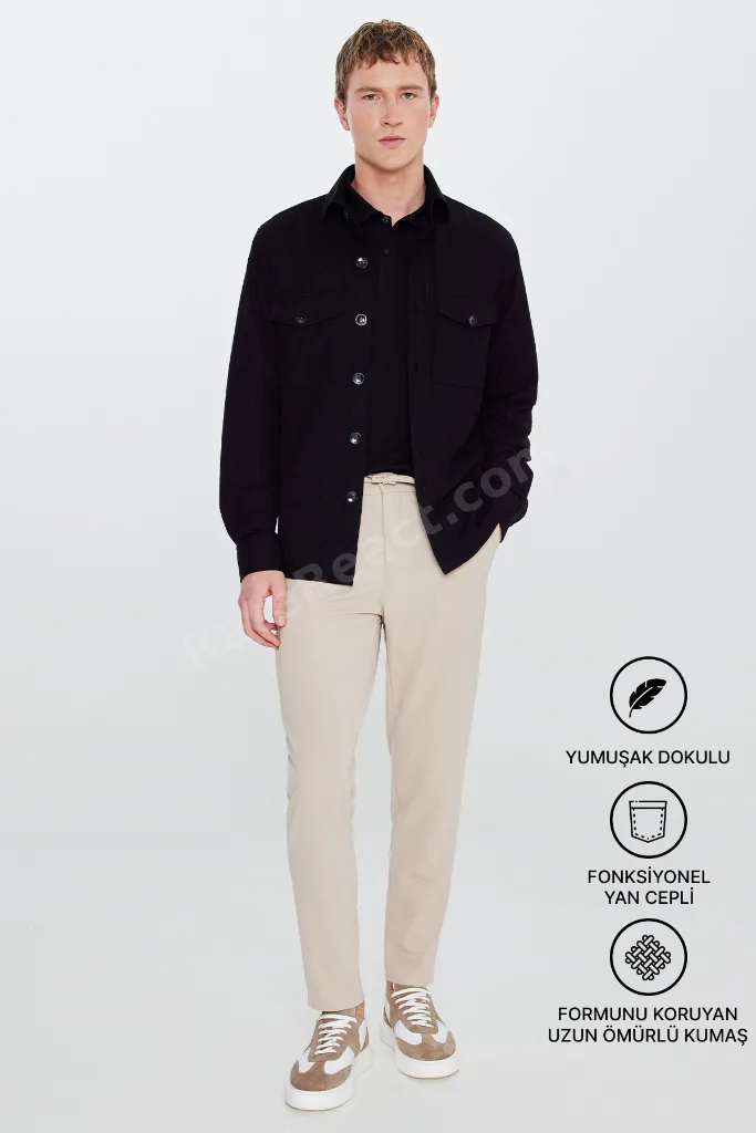Erkek Bej Slim Fit Dar Kesim Beli Bağlamalı Yan Cepli Casual Jogger Pantolon