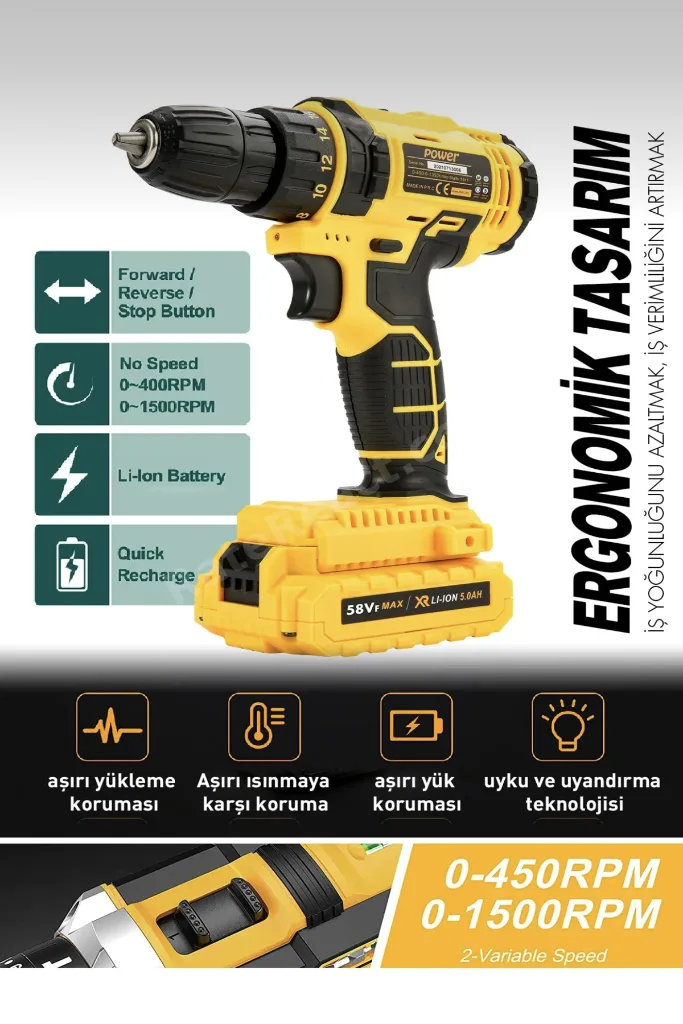 Vf 5 Ah Metal Şanzıman Çift Akülü Şarjlı Matkap 24 Parça Akülü Vidalama Set