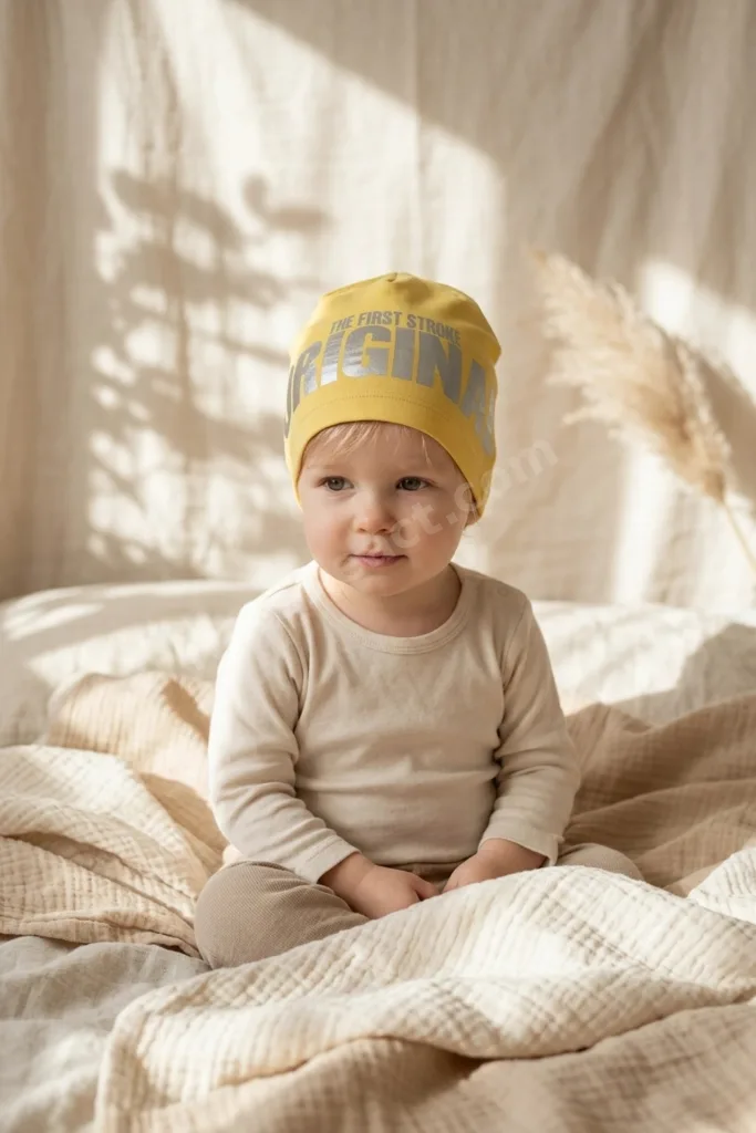Nova Street Beyaz Pamuklu Bere - Sarı Gold Baskılı Hip-hop Tarzı Unisex Modern Şapka 2-4 Yaş