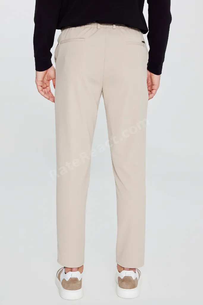 Erkek Bej Slim Fit Dar Kesim Beli Bağlamalı Yan Cepli Casual Jogger Pantolon