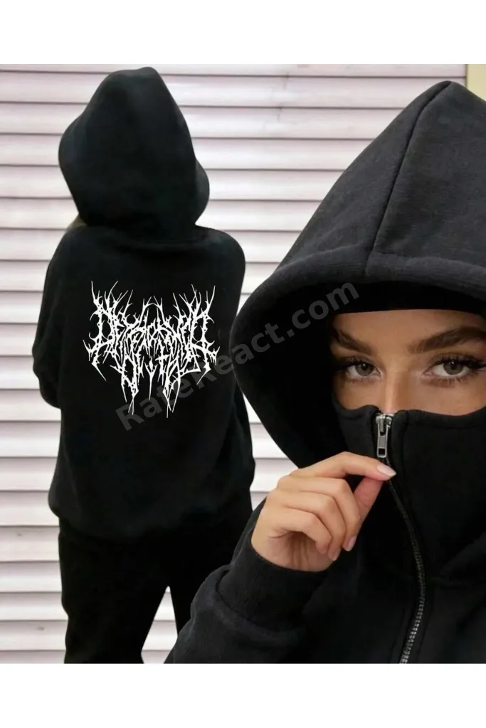 Büyük Beden Uzun Boy Karışık Yüz ve Baş Örtüsü Kar maskesi, Kadın Çift Kapüşonlu Fermuarlı Cepli Hoodie, Güz/Kış/Bahar Günlük Siyah