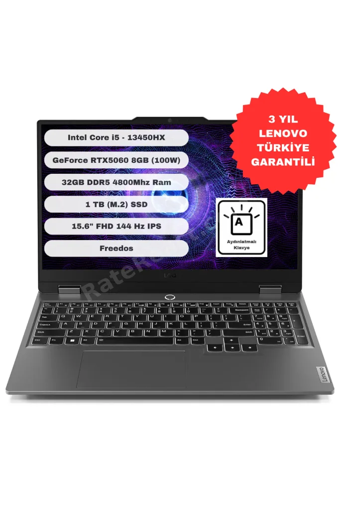 LOQ 15IRX10 GTI32 Intel Core i5 13450HX 32GB 1TB SSD RTX5060 Freedos 15.6" FHD 83JE00XRTR