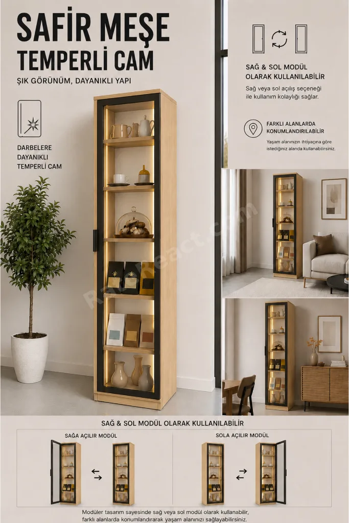 Dream Premium LED Vitrin Modülü - Safir Meşe Temperli Camlı LED Modül