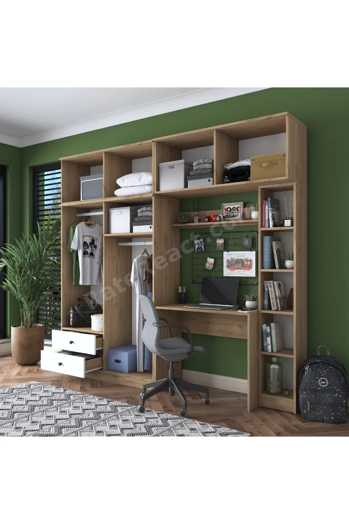Rani Ba122 Geniş Gardırop Elbise Dolabı + Çalışma Masası + Kitaplık Sepet Ceviz - Beyaz 216 X 240 Cm