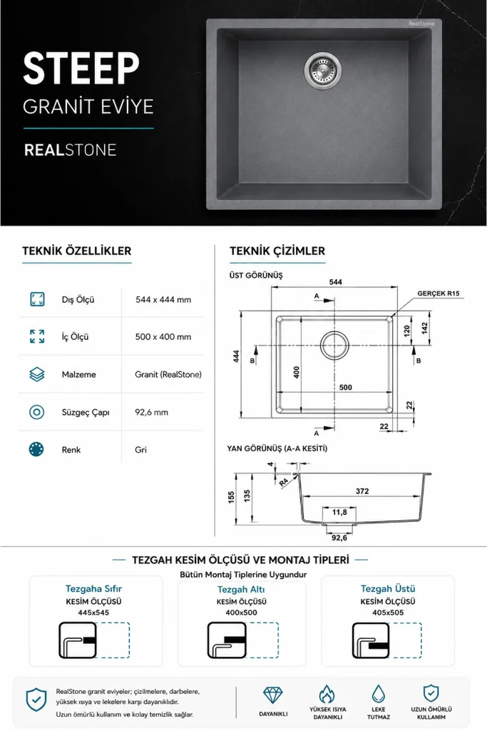 Real Stone Steep 50×40 Gri Granit Eviye