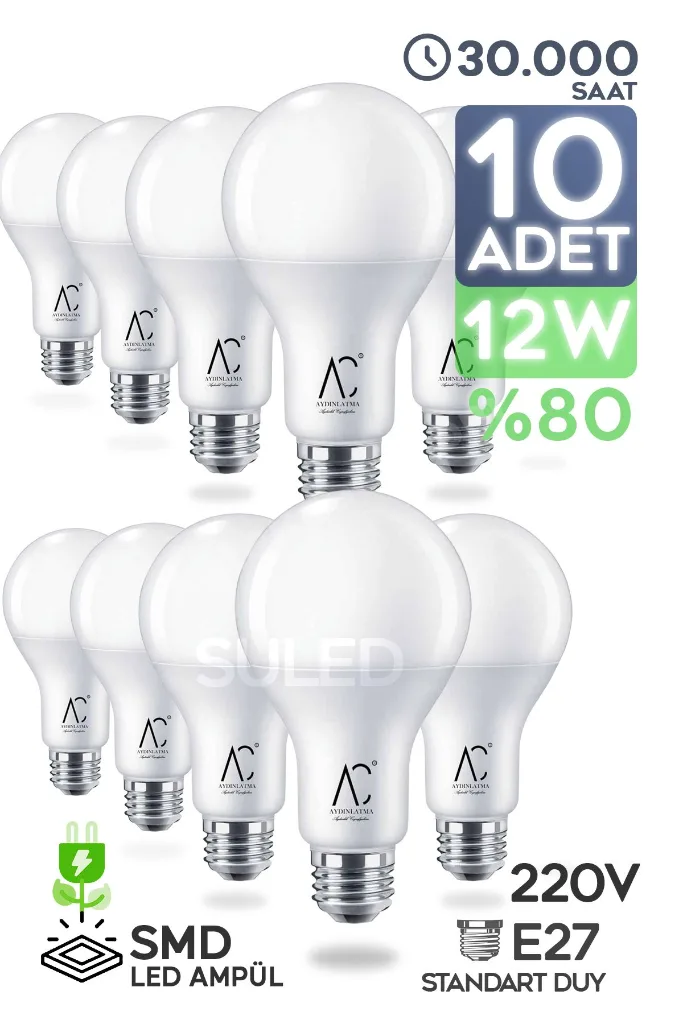 12w Led Ampül 10'lu Paket E27 Beyaz Işık Güçlü Aydınlatma Smd Led 6500k Tasarruflu Lamba