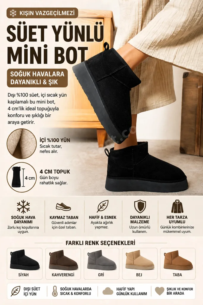 Kadın Yüksek Mini Classic Süet İçi Kürklü Kışlık Bot - Vizon