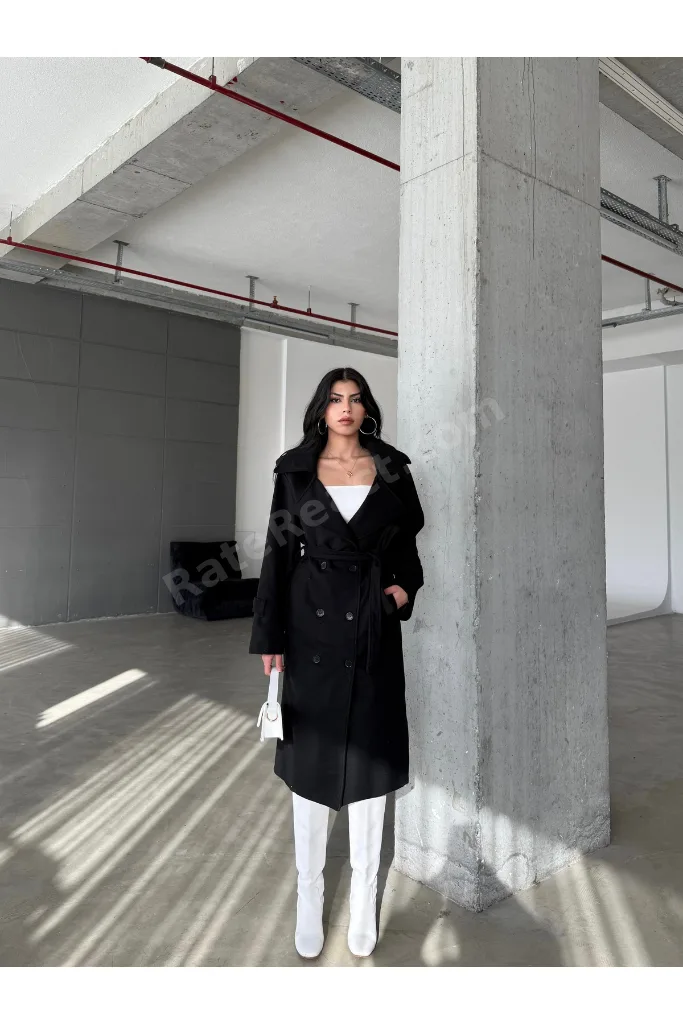 Siyah Astarlı Cepli Uzun Kaban Mont