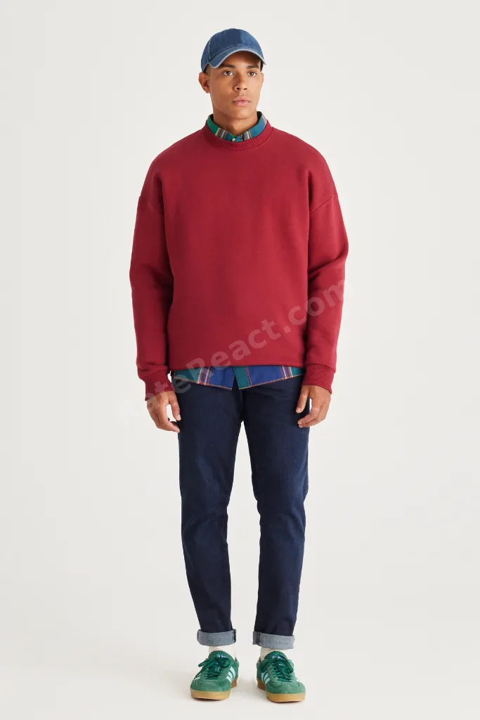 Bordo Oversize Bol Kesim Içi Polarlı 3 Iplik Bisiklet Yaka Pamuklu Sweatshirt