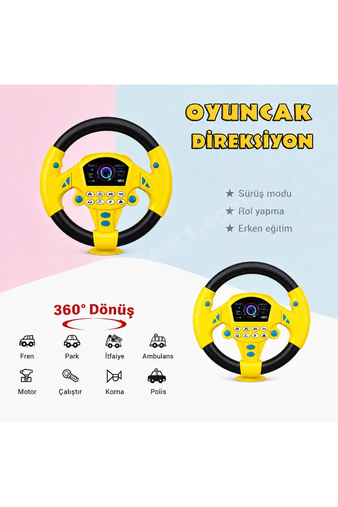 Sarı-Siyah Vantuzlu Oyuncak Direksiyon 360° Dönüşlü Sesli Çocuk Direksiyonu Eğitici Oyuncak