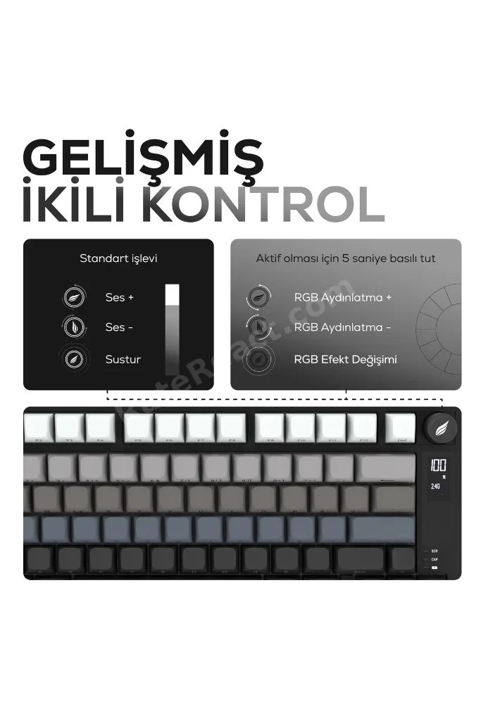 HK255 Membrane LCD RGB Kablosuz/Bluetooth Siyah Gradyan %75 Türkçe Gaming Klavye
