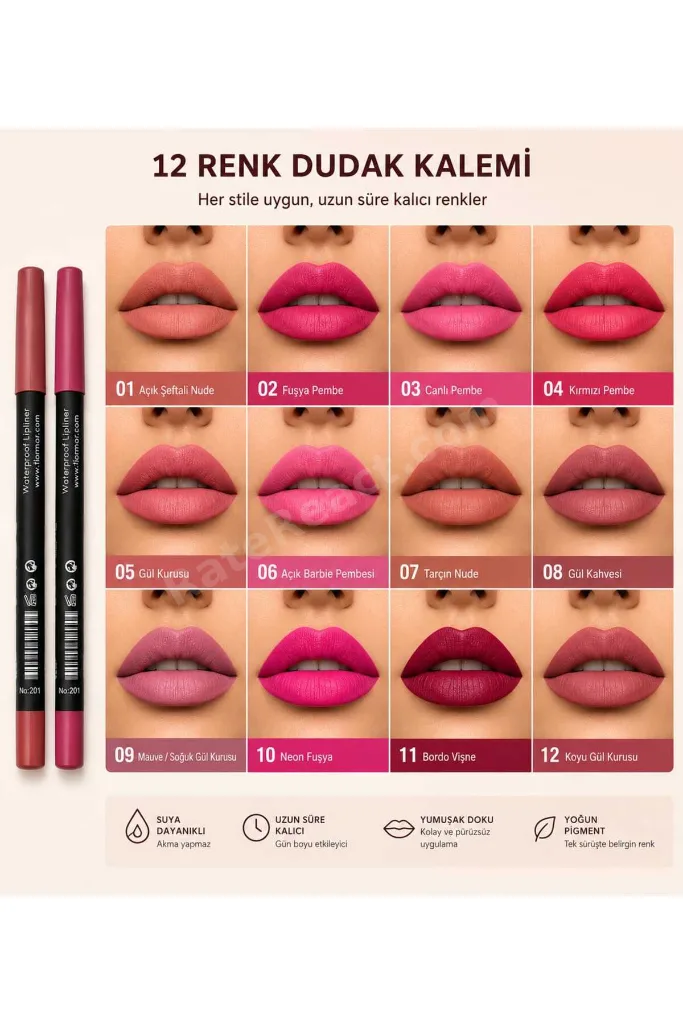 12’li Dudak Kalemi Seti | Suya Dayanıklı Yoğun Pigment Lipliner Koleksiyonu