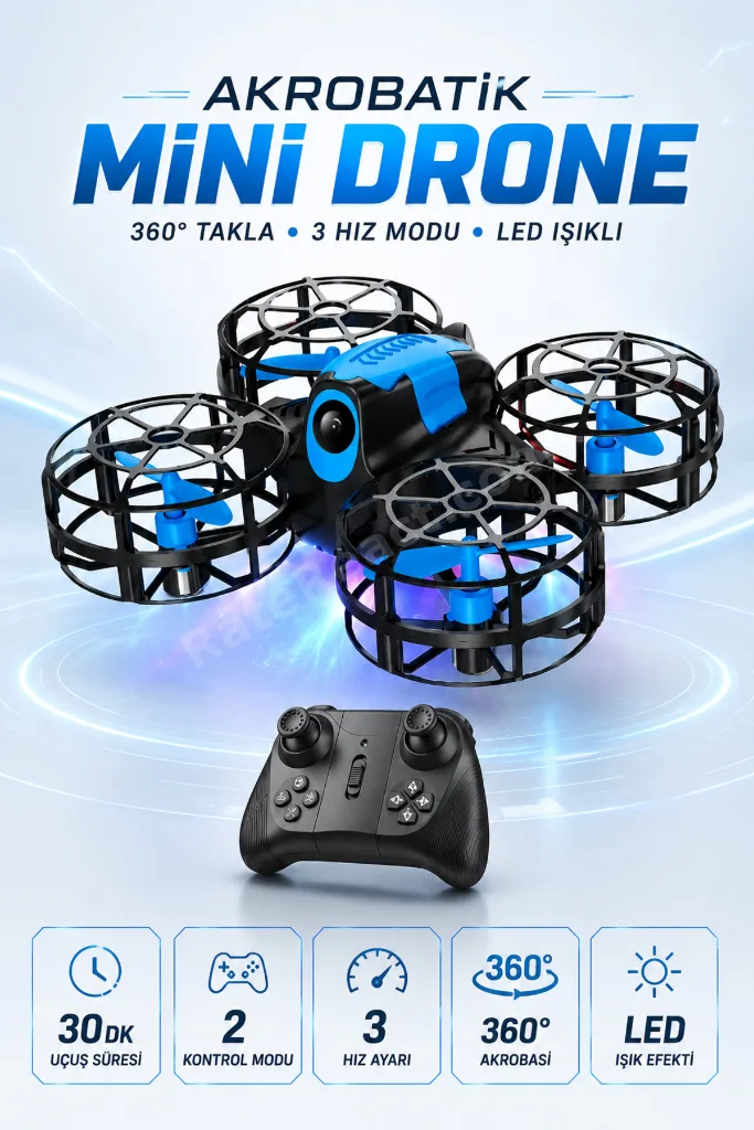 LED Işıklı Mini Drone - 360° Takla Atan 2 Mod 3 Hız Ayarlı Şarjlı Akrobatik Çocuk Drone
