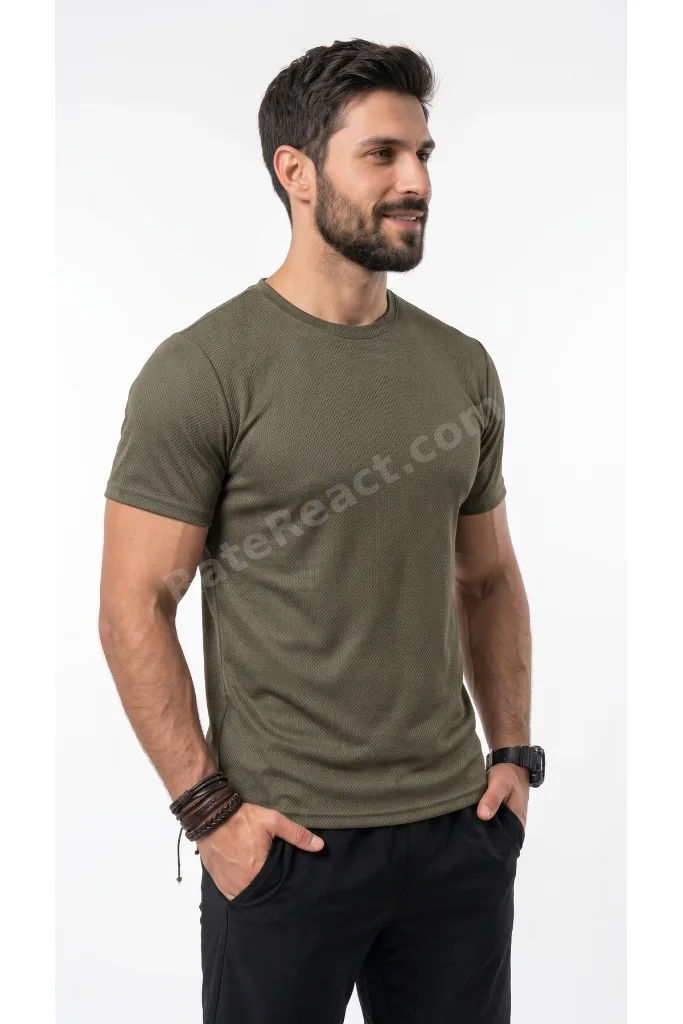 Erkek Haki Spor T-Shirt Nefes Alabilen Ter Tutmaz Çabuk Kuruyan Esnek Yapılı Hava Alan Kumaş
