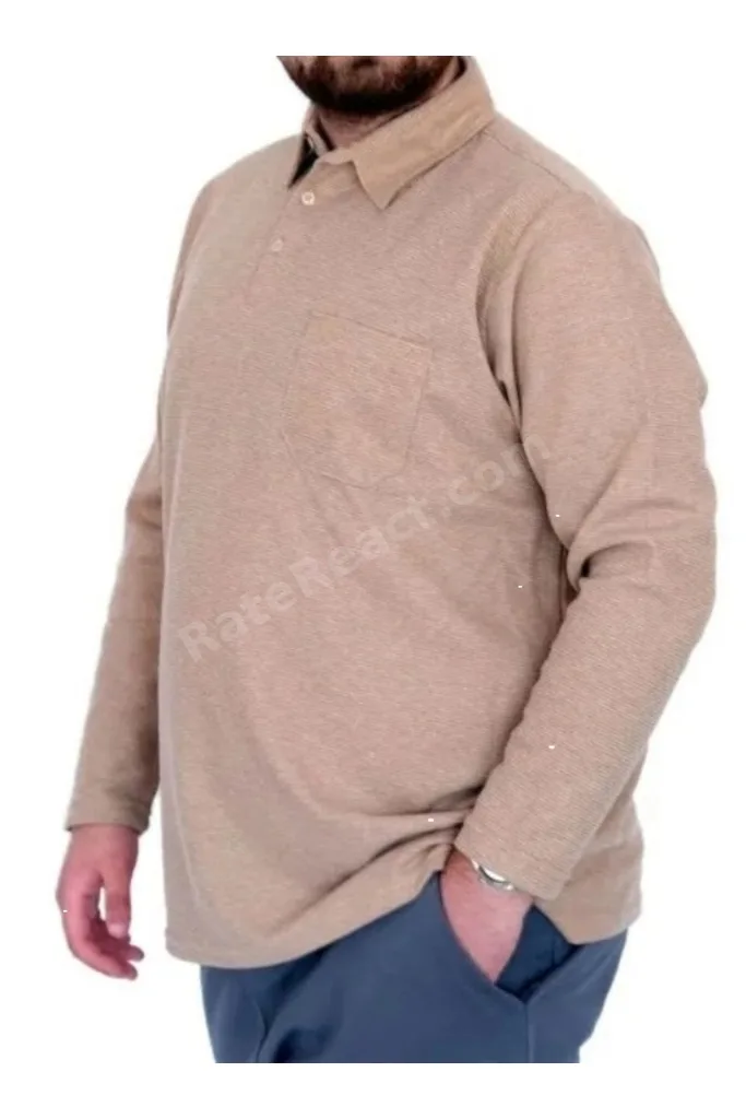 Büyük Beden Erkek Sweatshirt Polo Yaka Uzun Kol WAFFLE C23449 BEJ