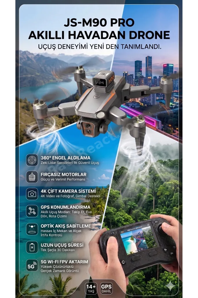 JS-M90 PRO 4K Çift Kameralı Akıllı Drone - 360° Engel Algılama, GPS ve Fırçasız Motor
