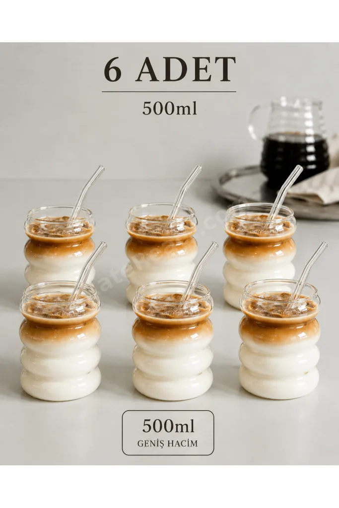 Şerit Borosilikat Parlak Soğuk / Sıcak Kahve, Meşrubat Bardağı | 6’lı - 500ml Pipetli