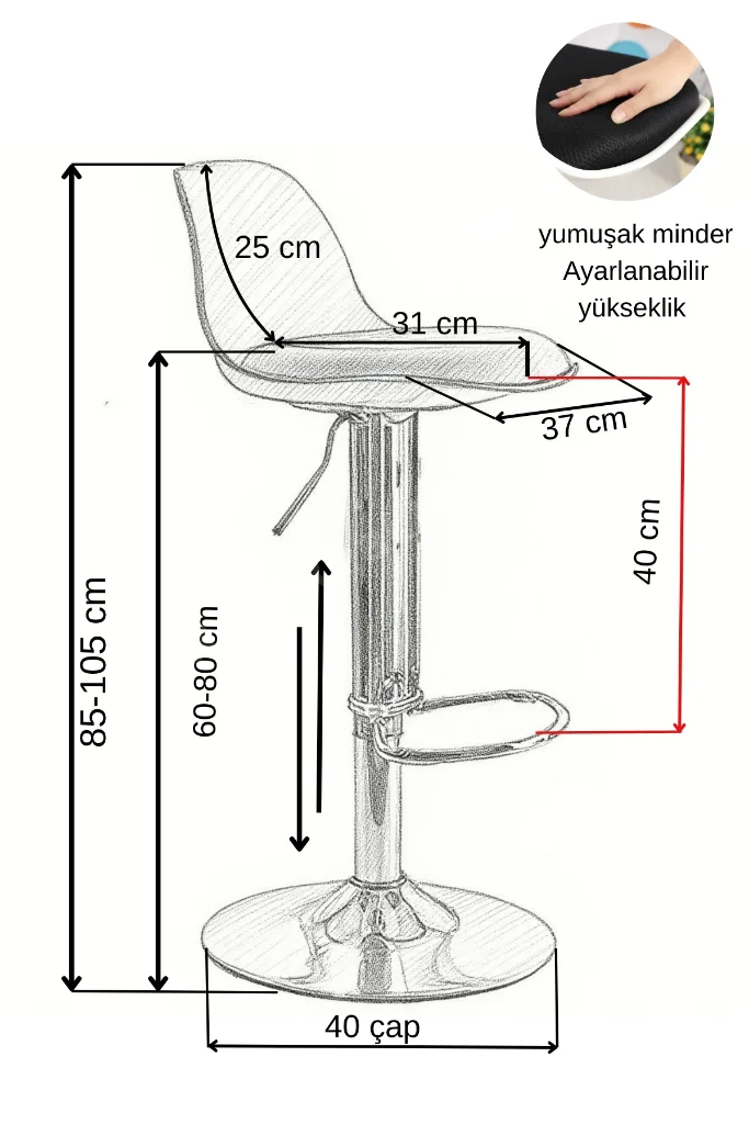 Tesla Krom Ayaklı Bar ve Mutfak Adası Sandalyesi Siyah Sırt Siyah Minder