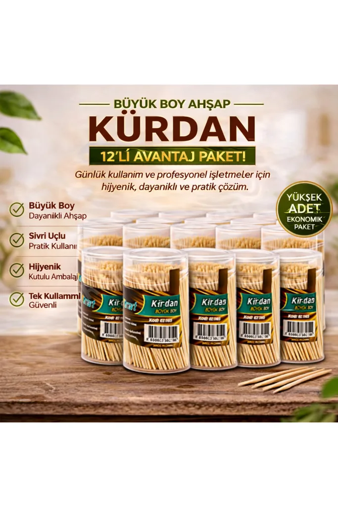 Kürdan Büyük Boy Ahşap Kürdan Hijyenik Paket Tek Kullanımlık Dayanıklı Kürdan Seti 12 Adet