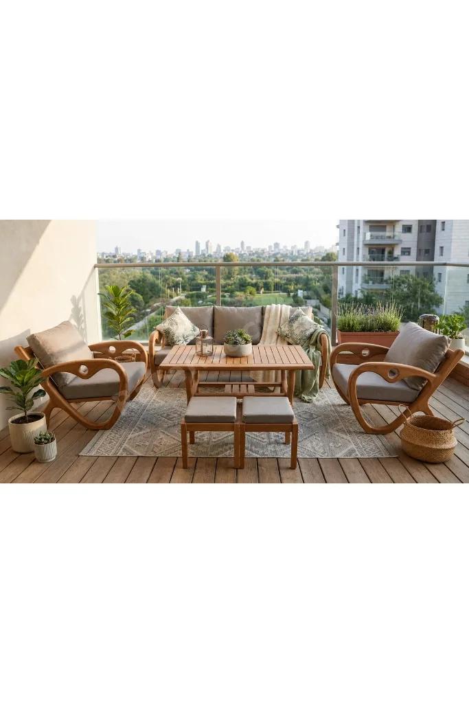 Gardenlove Bahçe Balkon Koltuk Masif Ahşap Kestane Ağacı 3+1+1 Koltuk, Masa ve Puf Takımı