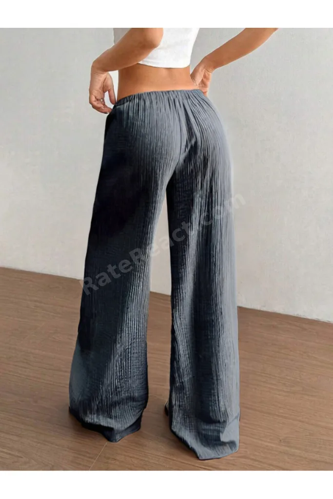 Kadın Bürümcük Kumaş Bel Bağlamalı Dokuma Geniş Paça Pantolon